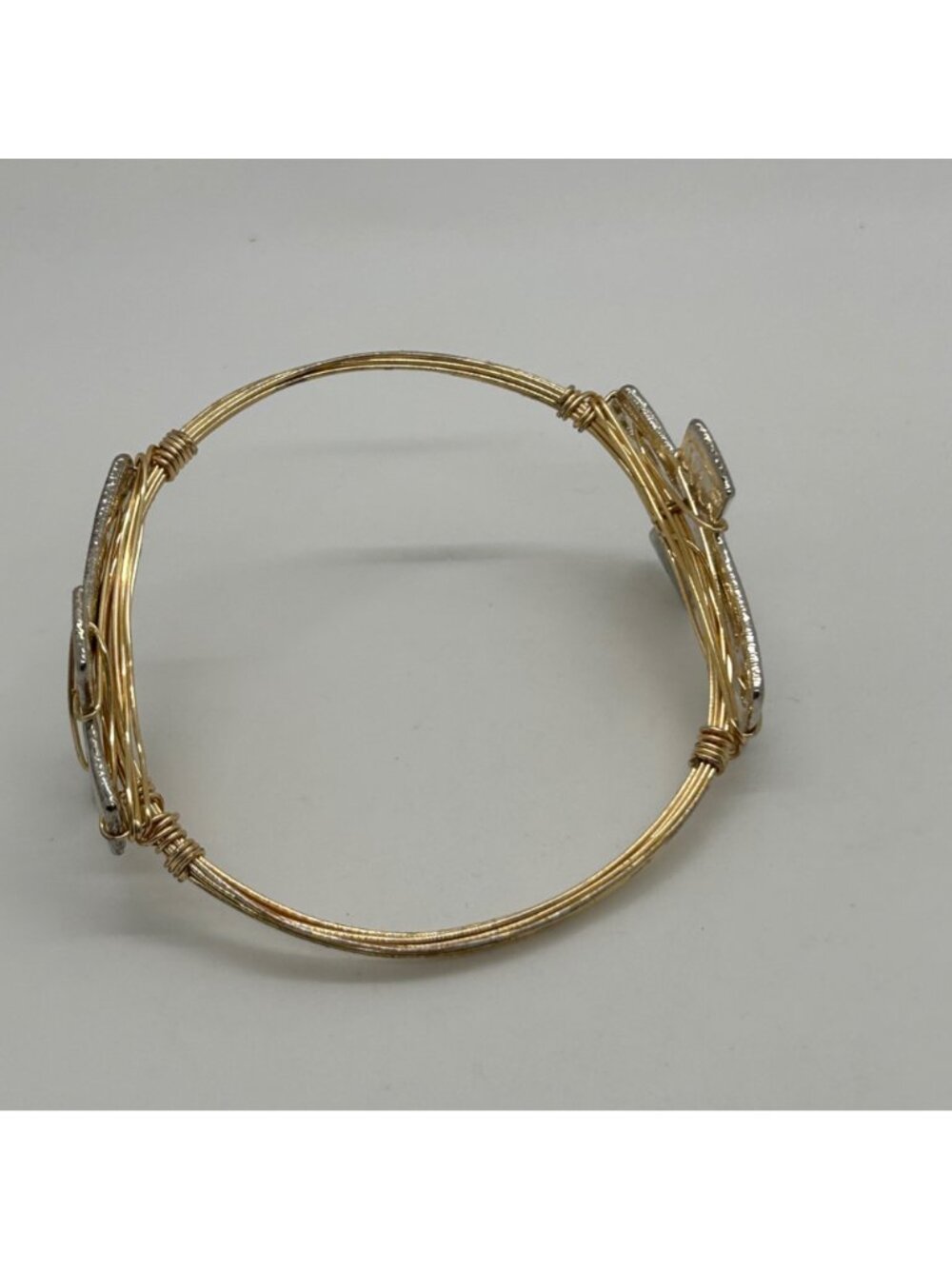 Mixed Metal Bracelet Gold Tone Wire Wrapped Silver Tone Cross Bangle Religious - Picture 11 of 12